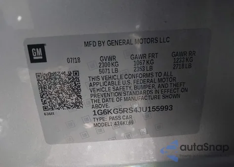 2018 Cadillac Ct6 Premium Luxury из США, поврежденный, VIN 1G6KG5RS4JU155993